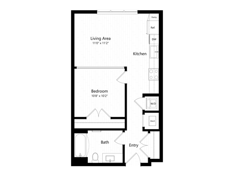 Floor plan for 1 bed, 1 bath, 634 sqft